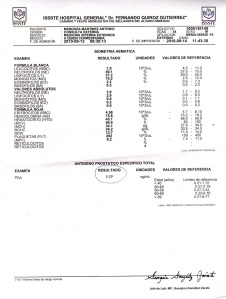 Documento emitido por el Hospital General indica que los niveles de antígeno prostático del Sr. Antonio Mendoza eran de 7.77 ng/mL, cuando a su edad los límites de referencia de éste eran de 0.27 a 3.42 ng/mL